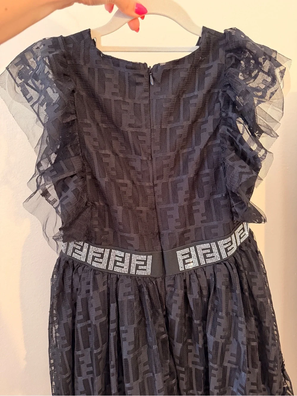 Black Ruffle Tulle Kids Dress with Decorative Waistband